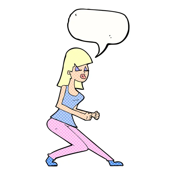 Cartoon crazy dancing girl with speech bubble — Stock Vector