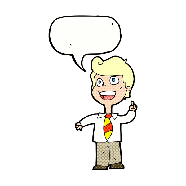 Cartoon school boy raising hand with speech bubble — Stock Vector