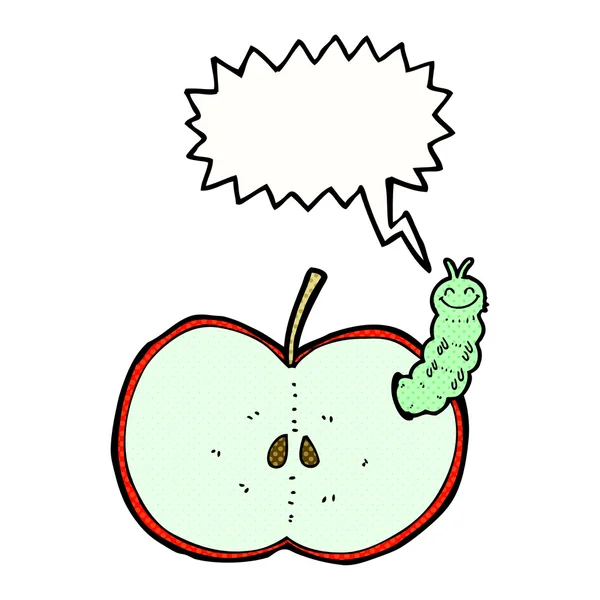 Insecto de dibujos animados comer manzana con burbuja del habla — Vector de stock