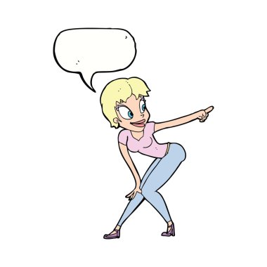 Güzel bir kadın konuşma balonunu işaret ediyor.