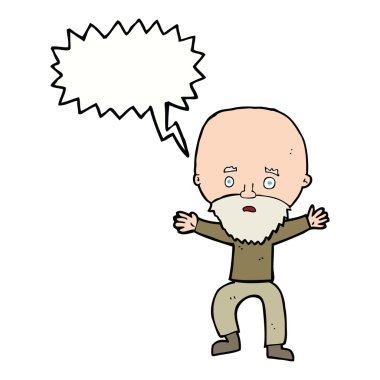 Çizgi film yaşlı adamı konuşma balonuyla panikletiyor.