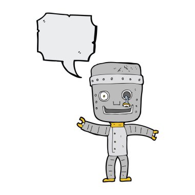 Konuşma baloncuklu komik yaşlı robot.