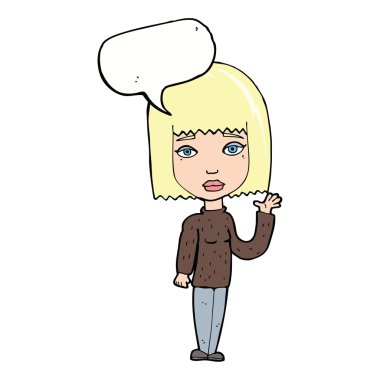 Çizgi film kadını konuşma balonuyla el sallıyor.