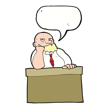 Masasında konuşma baloncuğu olan sıkılmış bir adam var.