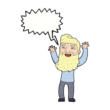 Çizgi film mutlu sakallı adam konuşma balonuyla kollarını sallıyor.