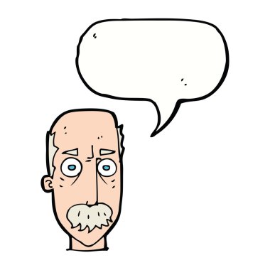 Konuşma baloncuklu bıyıklı çizgi film adamı.