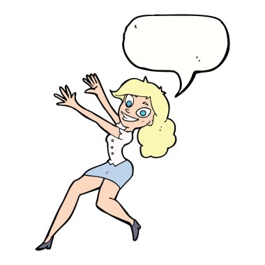 karikatür mutlu kadın konuşma balonu ile atlama
