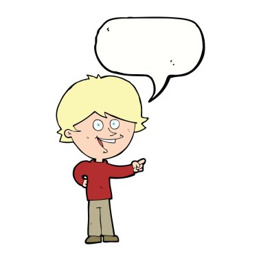 Çizgi filmci çocuk gülüyor ve konuşma balonuyla işaret ediyor.