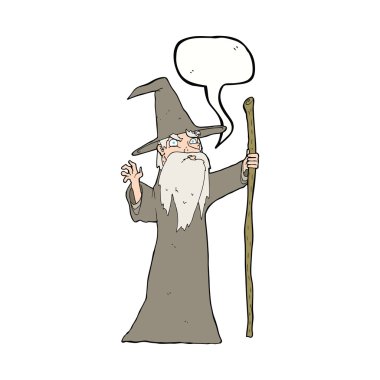 Konuşma baloncuğu olan yaşlı bir çizgi film sihirbazı