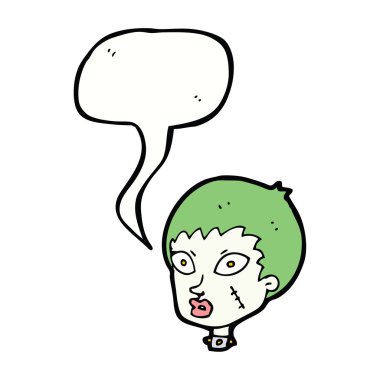 Konuşma balonlu dişi zombi kafası.