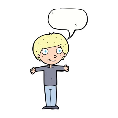 çizgi film mutlu çocuk konuşma baloncuğu ile kollarını açık