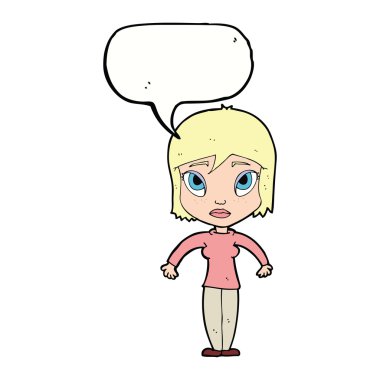 Çizgi filmdeki kadın konuşma balonuyla omuz silkiyor.