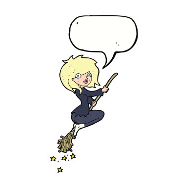 Çizgi film cadısı konuşma baloncuğu ile süpürgeye biniyor