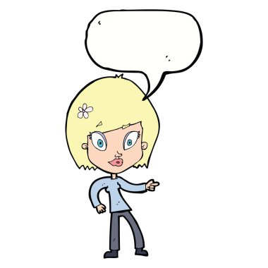 Güzel bir kadın konuşma balonunu işaret ediyor.