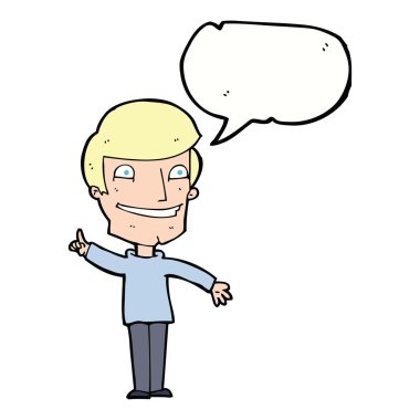 Konuşma balonuyla sırıtan bir karikatür adamı.