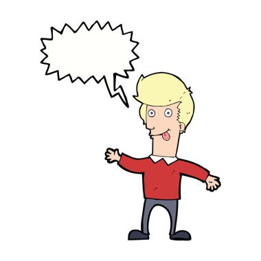 Çizgi filmdeki adam konuşma balonuyla dilini dışarı çıkarıyor.