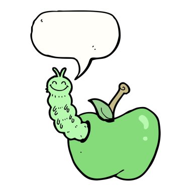 çizgi film böceği konuşma baloncuğu ile elma yiyor