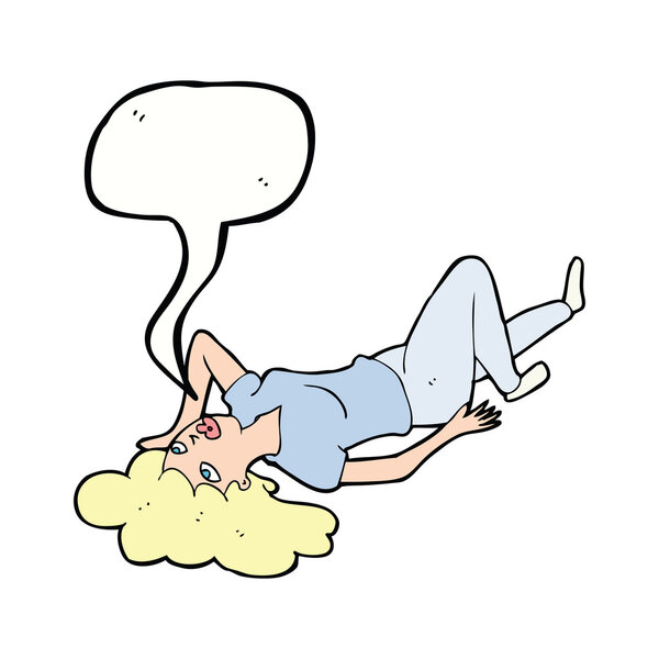 cartoon woman lying on floor with speech bubble