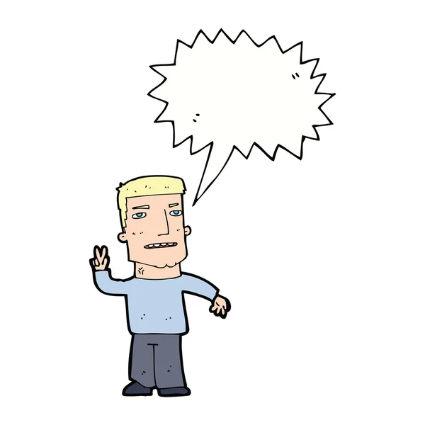 Uomo cartone animato dando segno di pace con la bolla discorso — Vettoriale Stock
