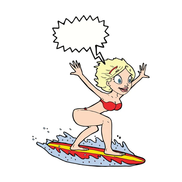 Cartoon surfer girl with speech bubble — Stock Vector