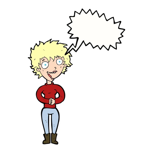 Cartoon verrückte aufgeregte Frau mit Sprechblase — Stockvektor