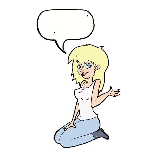 Cartoon pretty girl waving with speech bubble — Stock Vector