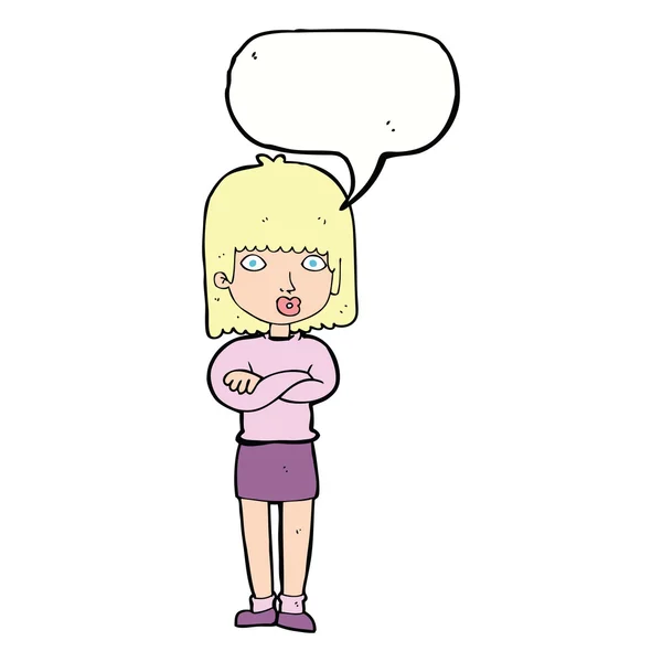 Mujer impaciente de dibujos animados con burbuja del habla — Vector de stock