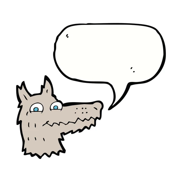 Cabeza de lobo de dibujos animados con burbuja de habla — Vector de stock