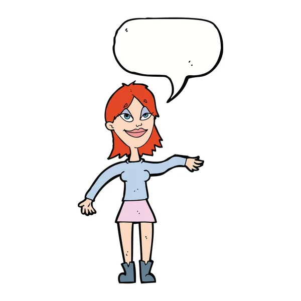 Mujer de dibujos animados haciendo gesto de la mano con la burbuja del habla — Vector de stock