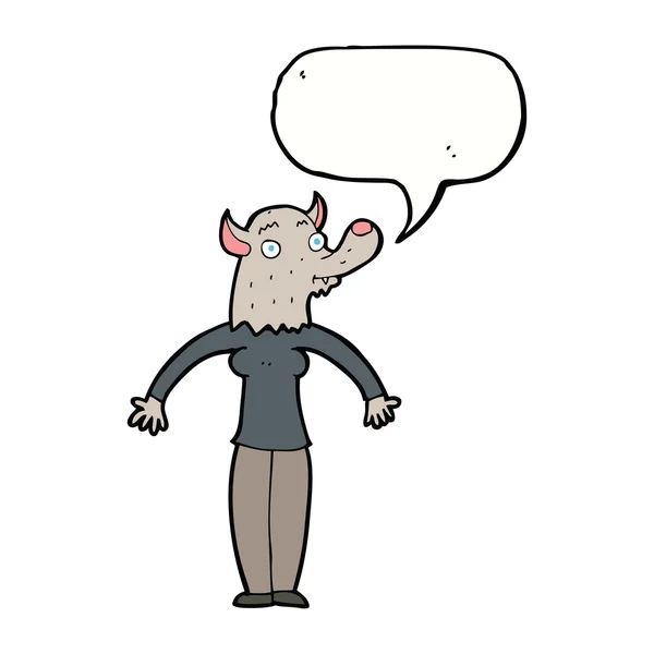 Γυναίκα φιλικό λυκάνθρωπος κινουμένων σχεδίων με το συννεφάκι λόγου — Διανυσματικό Αρχείο