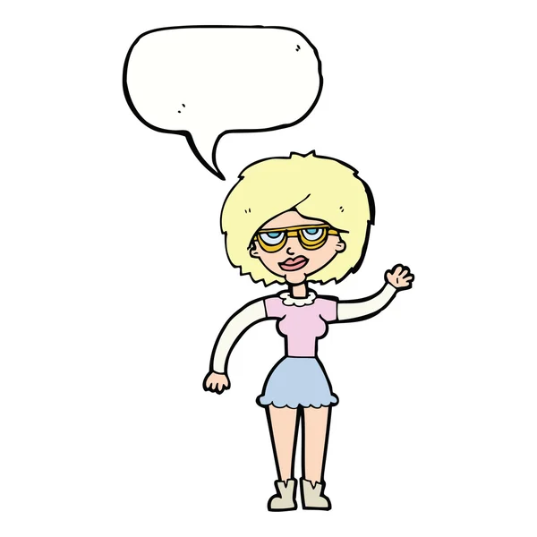 Mujer de dibujos animados ondeando con gafas con burbuja del habla — Vector de stock
