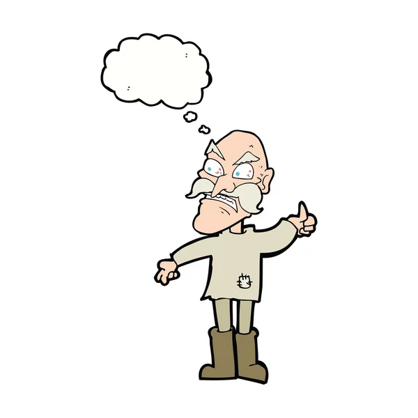 Cartoon angry old man in patched clothing with speech bubble — Stock Vector