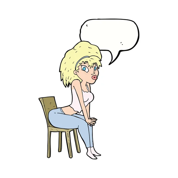 Femme dessin animé posant sur chaise avec bulle de parole — Image vectorielle