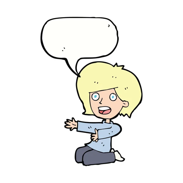 Cartoon chocado mulher de joelhos com bolha de fala — Vetor de Stock
