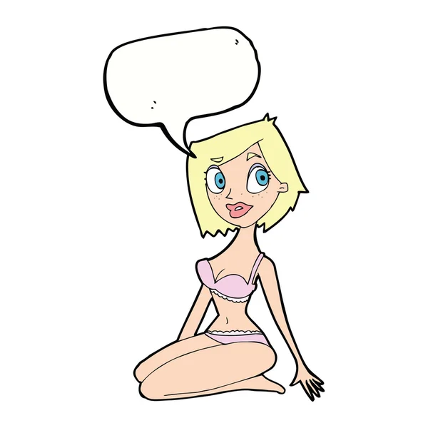Dibujos animados mujer bonita en ropa interior con burbuja de habla — Vector de stock