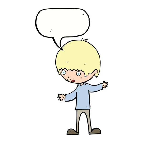 Kreslený chlapec s nataženými pažemi s hlasovou bublinou — Stockový vektor