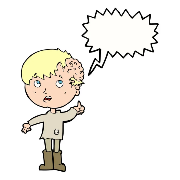 Cartoon boy with growth on head with speech bubble — Stock Vector