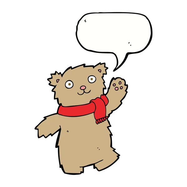 Ours en peluche dessin animé portant une écharpe avec bulle de parole — Image vectorielle