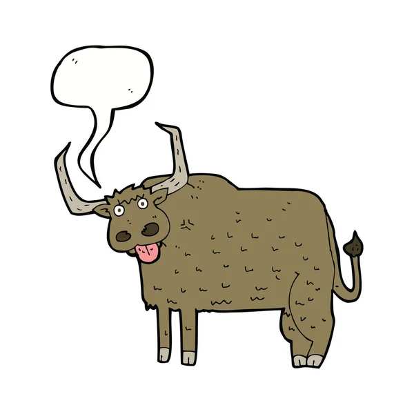 Kreslená chlupatá kráva s řečovou bublinou — Stockový vektor