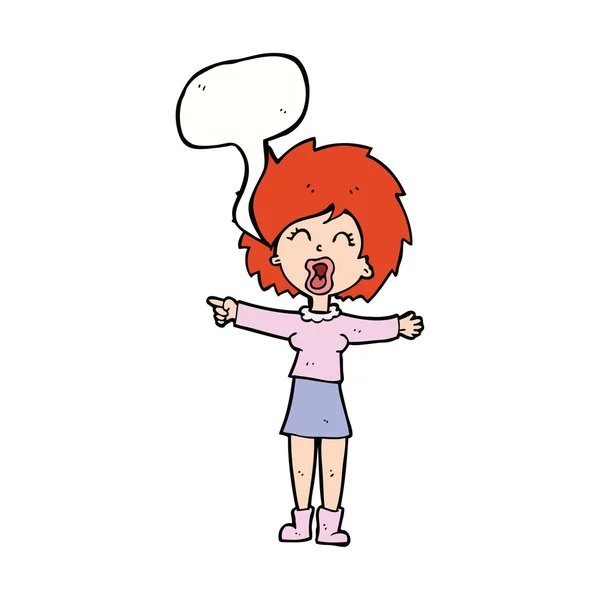 Karikatur zeigt gestresste Frau im Gespräch mit Sprechblase — Stockvektor
