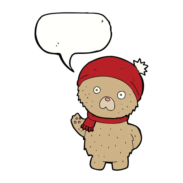 Oso de peluche de dibujos animados en sombrero de invierno y bufanda con burbuja del habla — Vector de stock