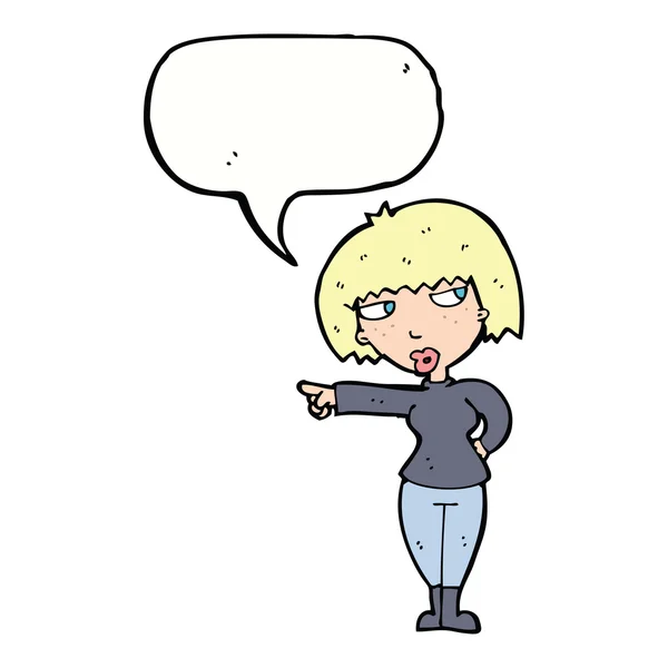Karikatur genervte Frau zeigt mit Sprechblase — Stockvektor
