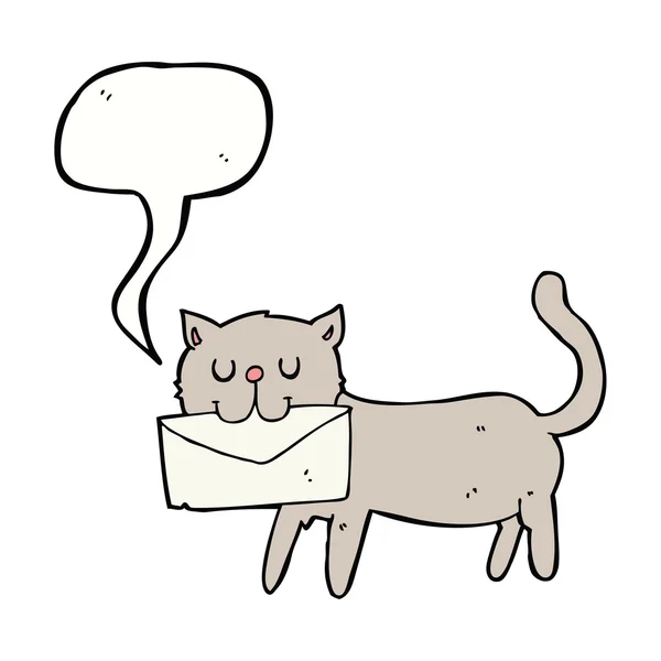Desenho animado gato carta de transporte com bolha de fala —  Vetores de Stock