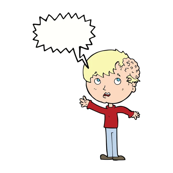 Cartoon boy with growth on head with speech bubble — Stock Vector