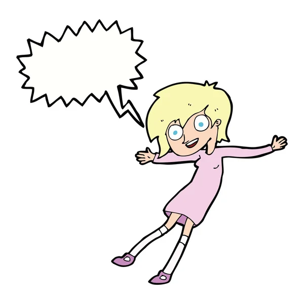 Cartoon crazy excited girl with speech bubble — Stock Vector