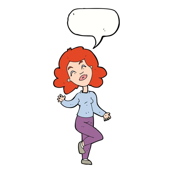 Karikatür mutlu kadın konuşma balonu ile dans — Stok Vektör