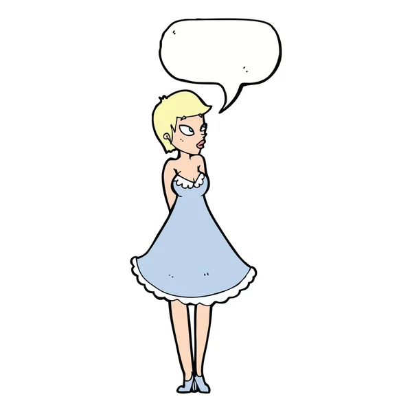 Dibujos animados mujer bonita en vestido con burbuja de habla — Vector de stock