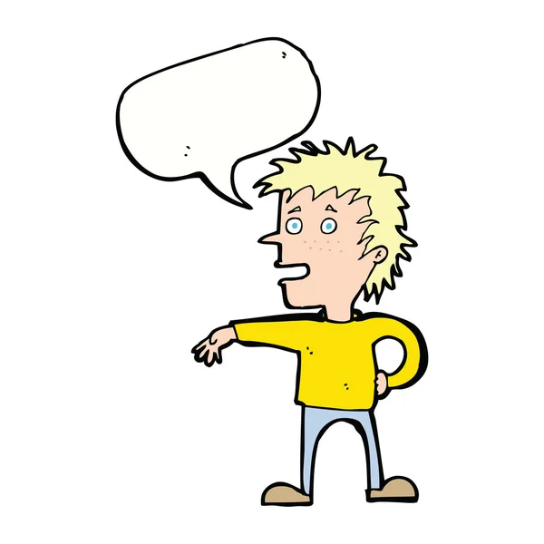 Γελοιογραφία άνθρωπος κάνει περιφρονητική χειρονομία με φούσκα ομιλία — Διανυσματικό Αρχείο