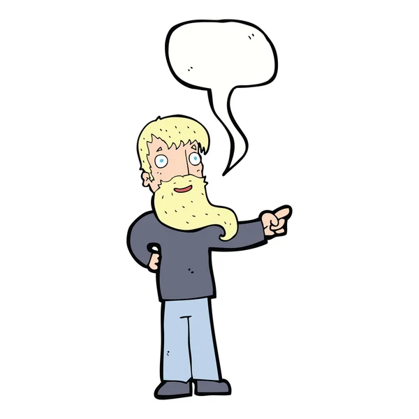 Dessin animé homme avec barbe pointant avec bulle de parole — Image vectorielle