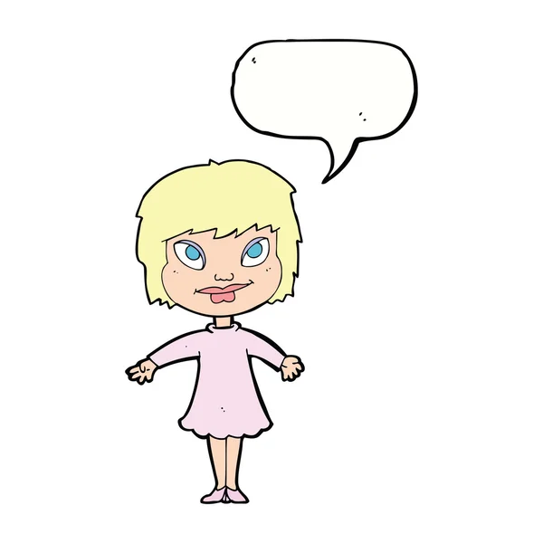 Cartoon meisje shrugging schouders met spraak zeepbel — Stockvector